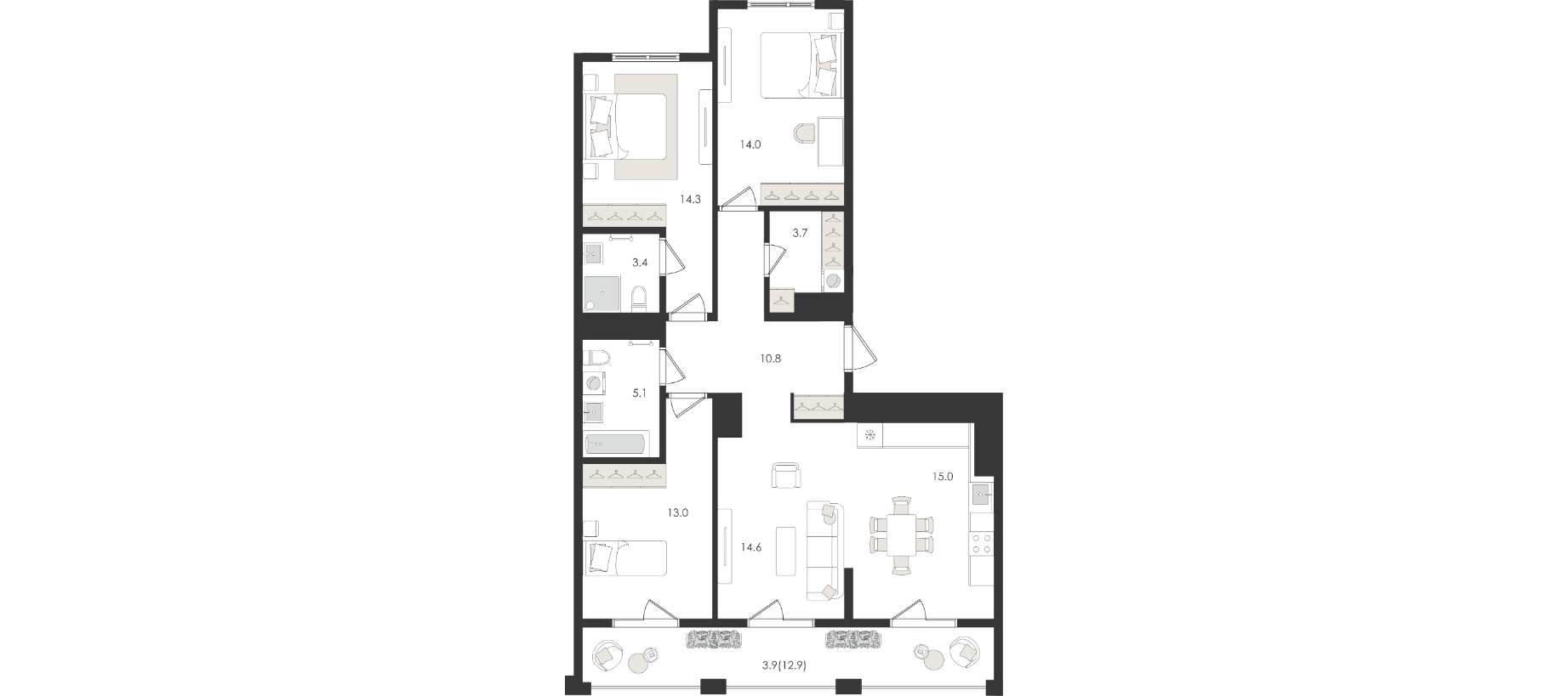 4-комнатная квартира, 97.7 м² — планировка