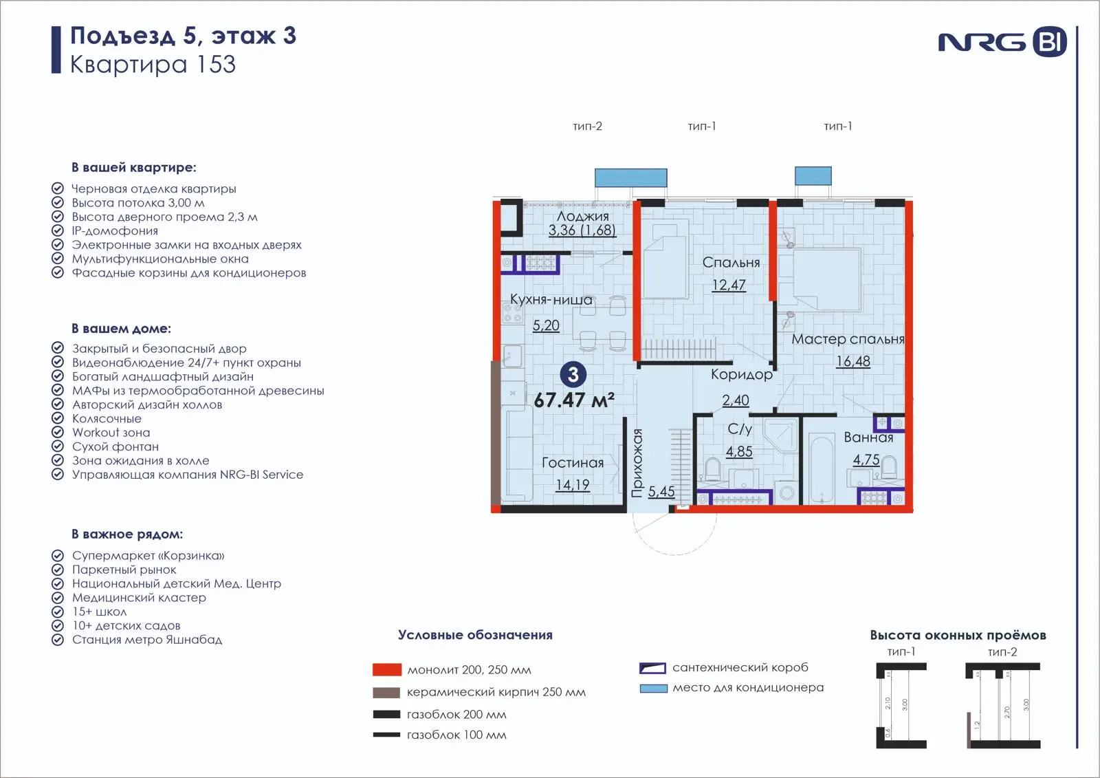 3-комнатная квартира, 67.5 м² — планировка