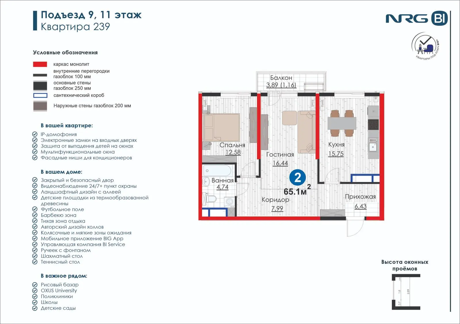 2-комнатная квартира, 65.1 м² — планировка
