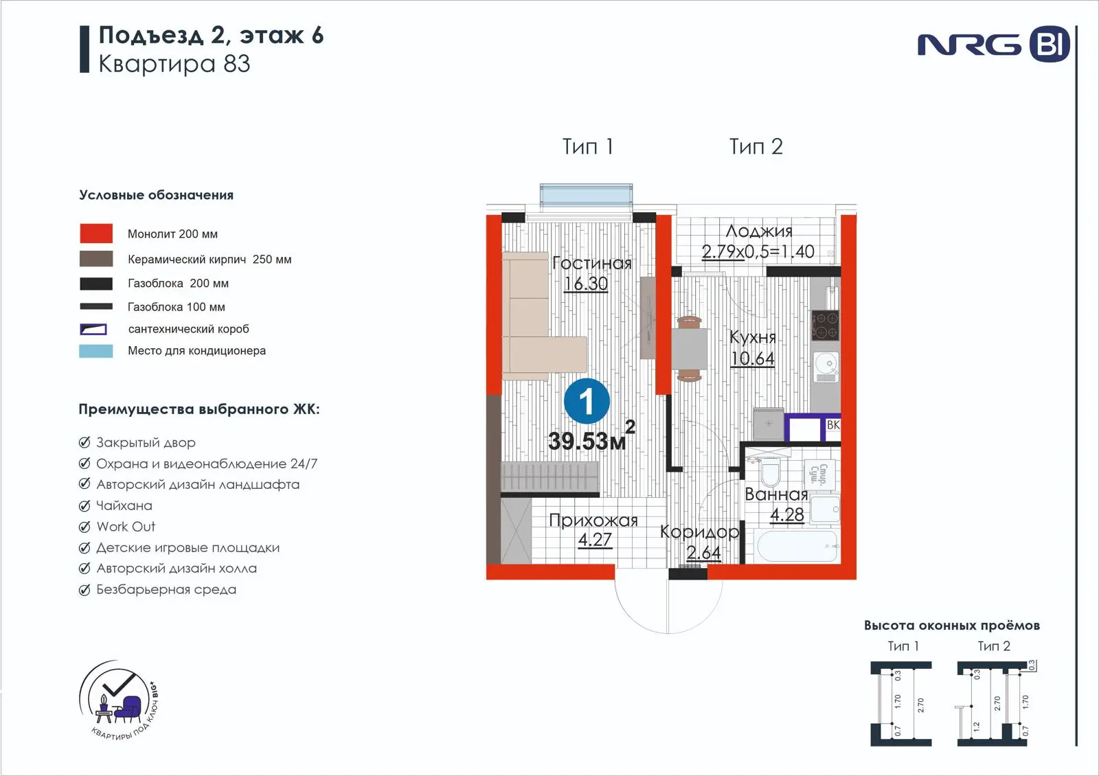 1-комнатная квартира, 39.5 м² — планировка