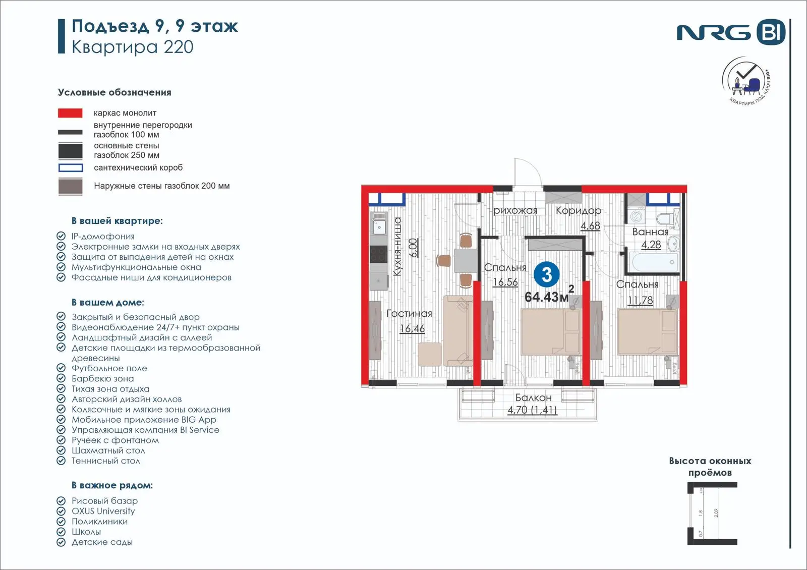 3-комнатная квартира, 64.4 м² — планировка