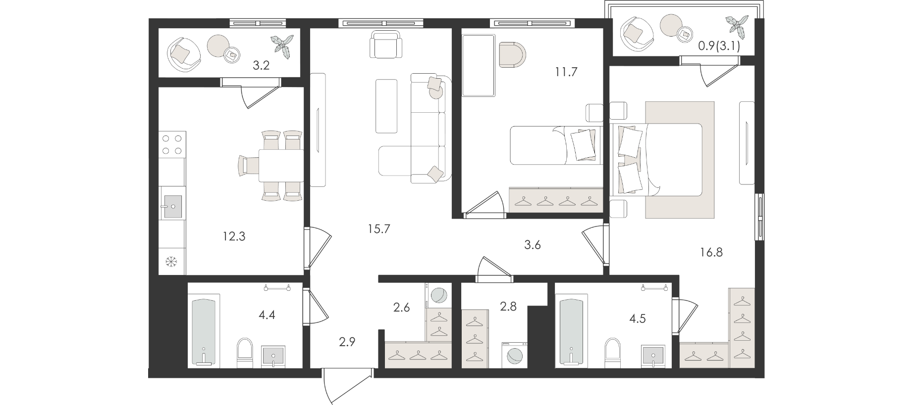 3-комнатная квартира, 81.3 м² — планировка