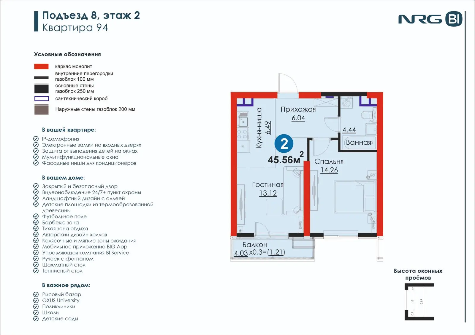2-комнатная квартира, 45.6 м² — планировка