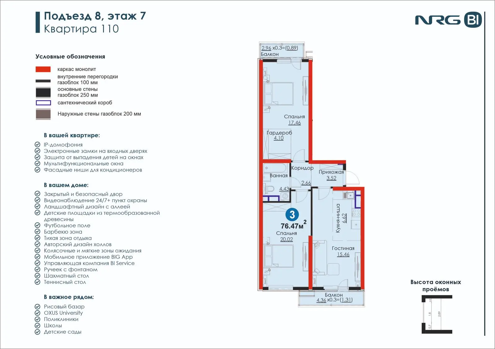 3 xonali kvartira, 76.5 m² — rejasi