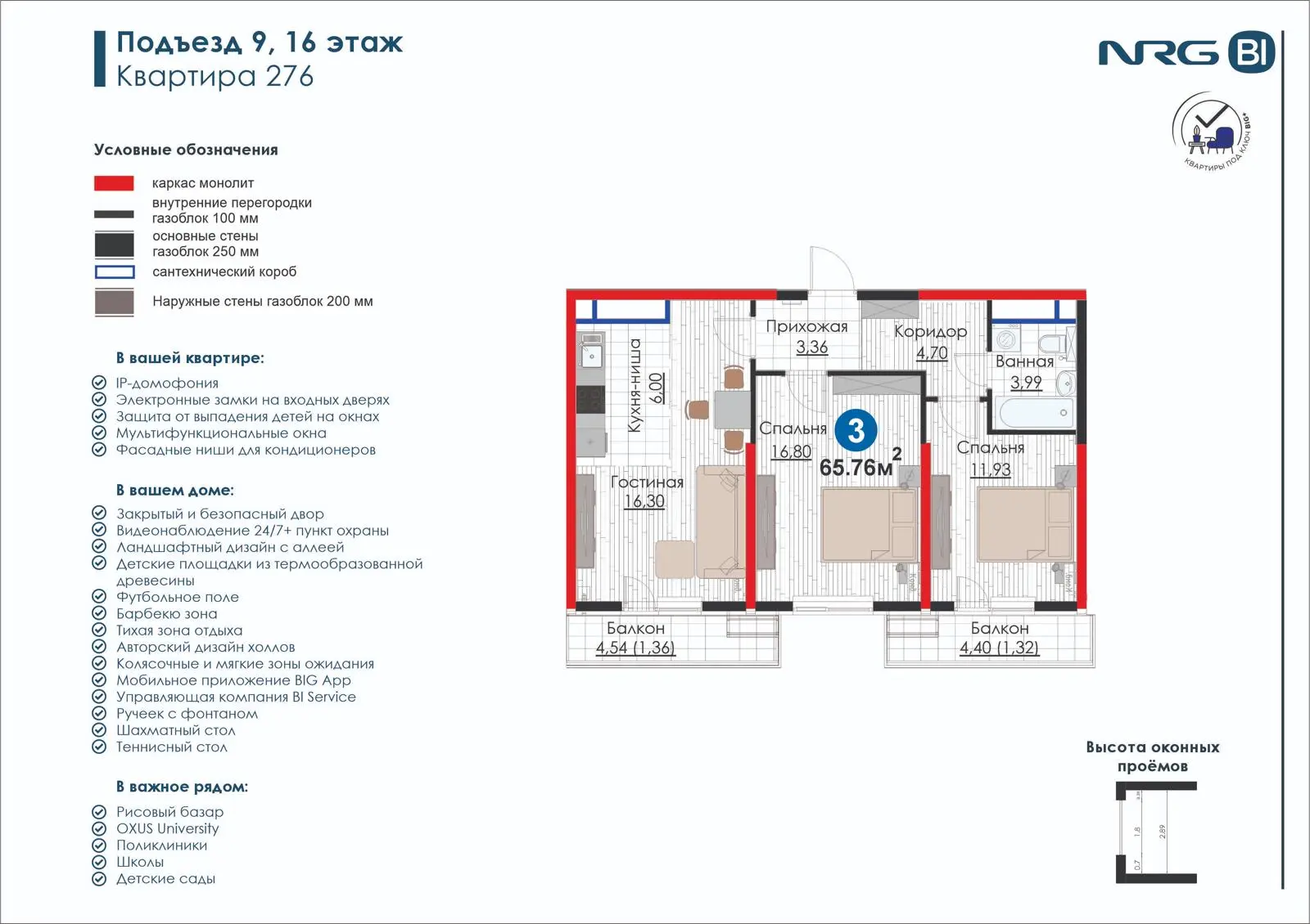 3-комнатная квартира, 65.8 м² — планировка