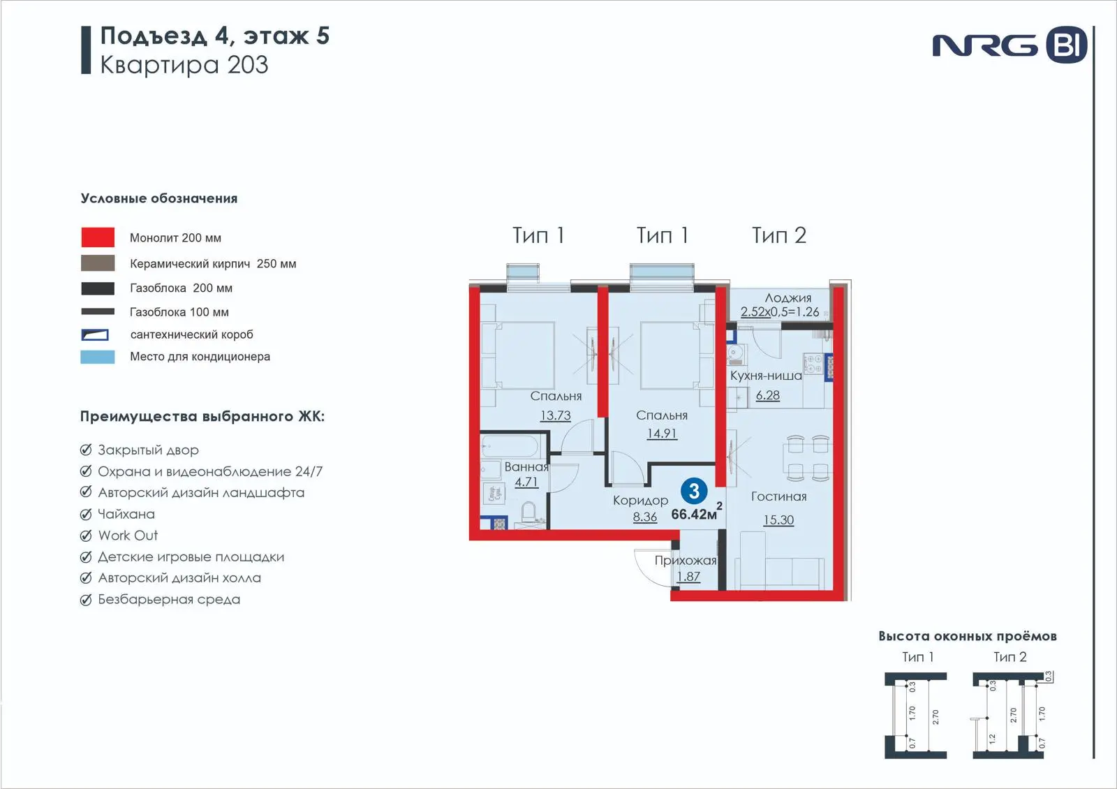 3-комнатная квартира, 66.4 м² — планировка