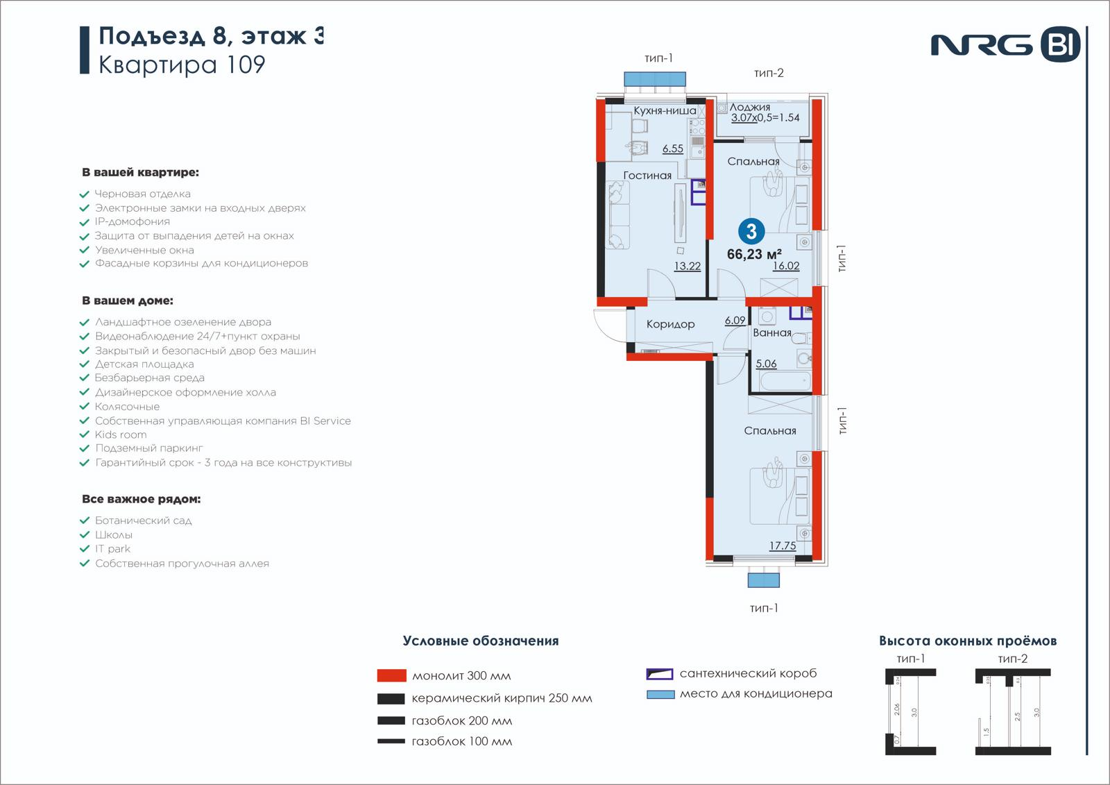 3-комнатная квартира, 66.2 м² — планировка