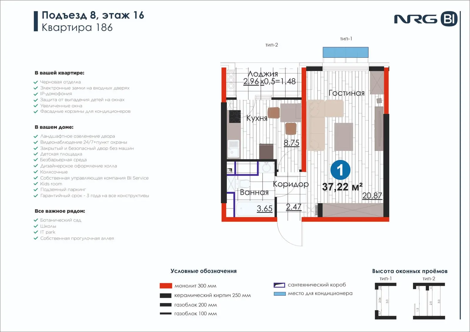 1-комнатная квартира, 37.2 м² — планировка