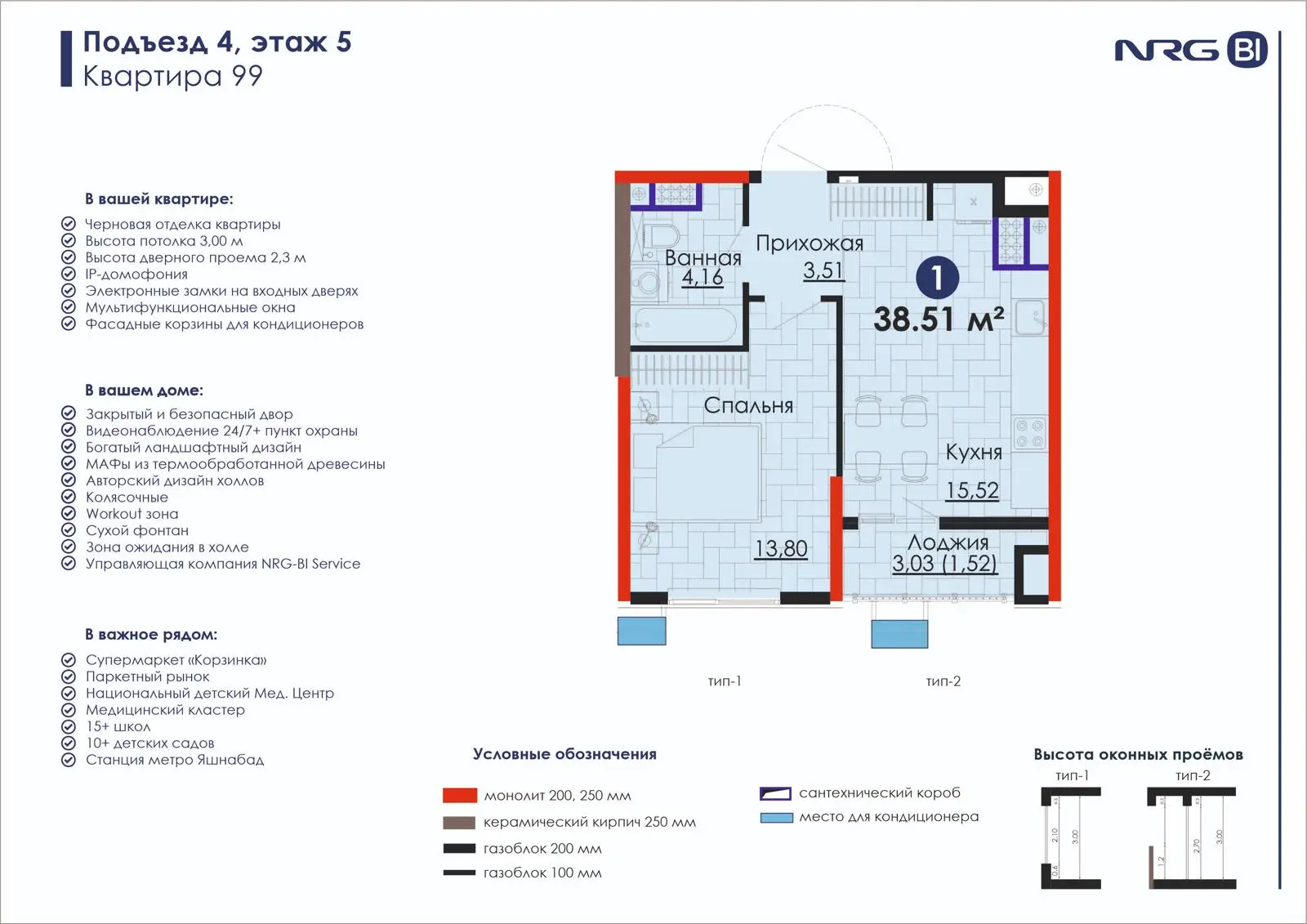 1-комнатная квартира, 38.5 м² — планировка
