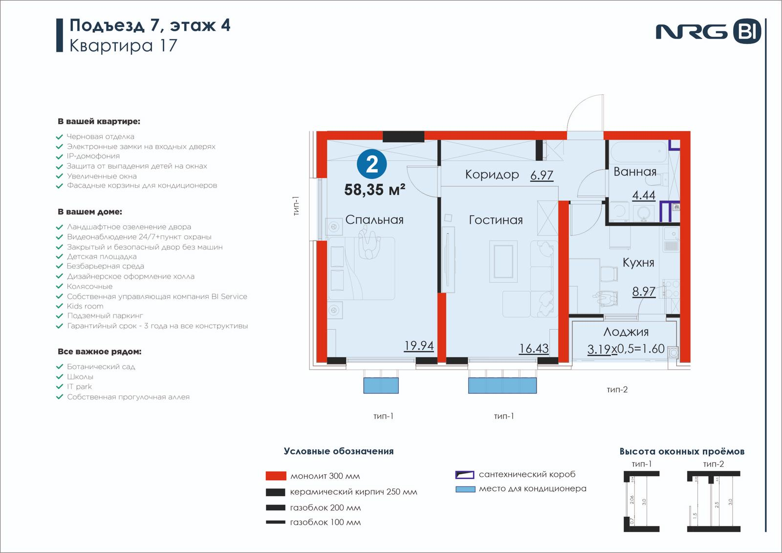2-комнатная квартира, 58.4 м² — планировка