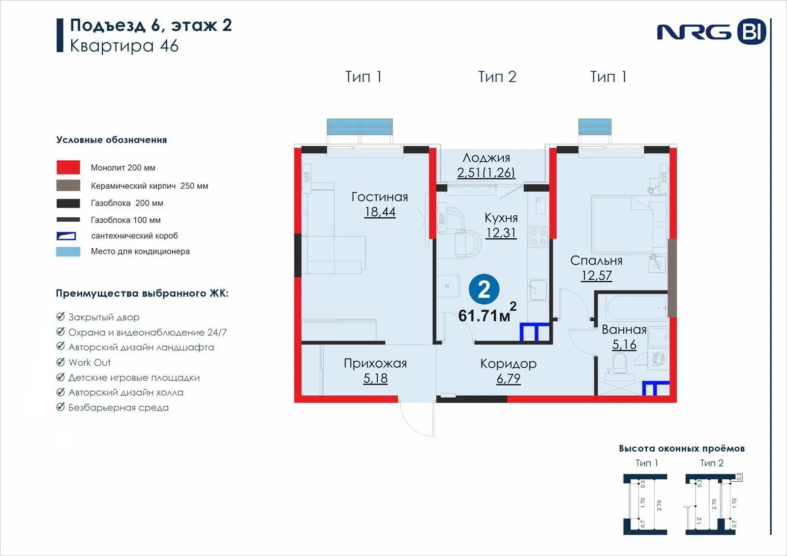 2-комнатная квартира, 61.7 м² — планировка