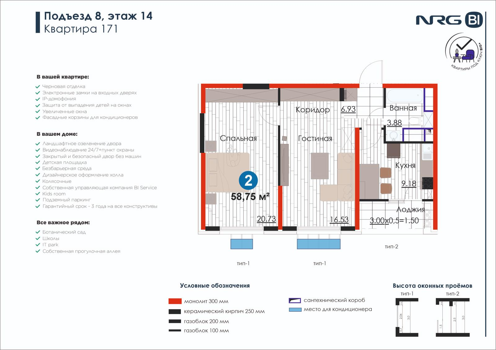 2-комнатная квартира, 58.8 м² — планировка