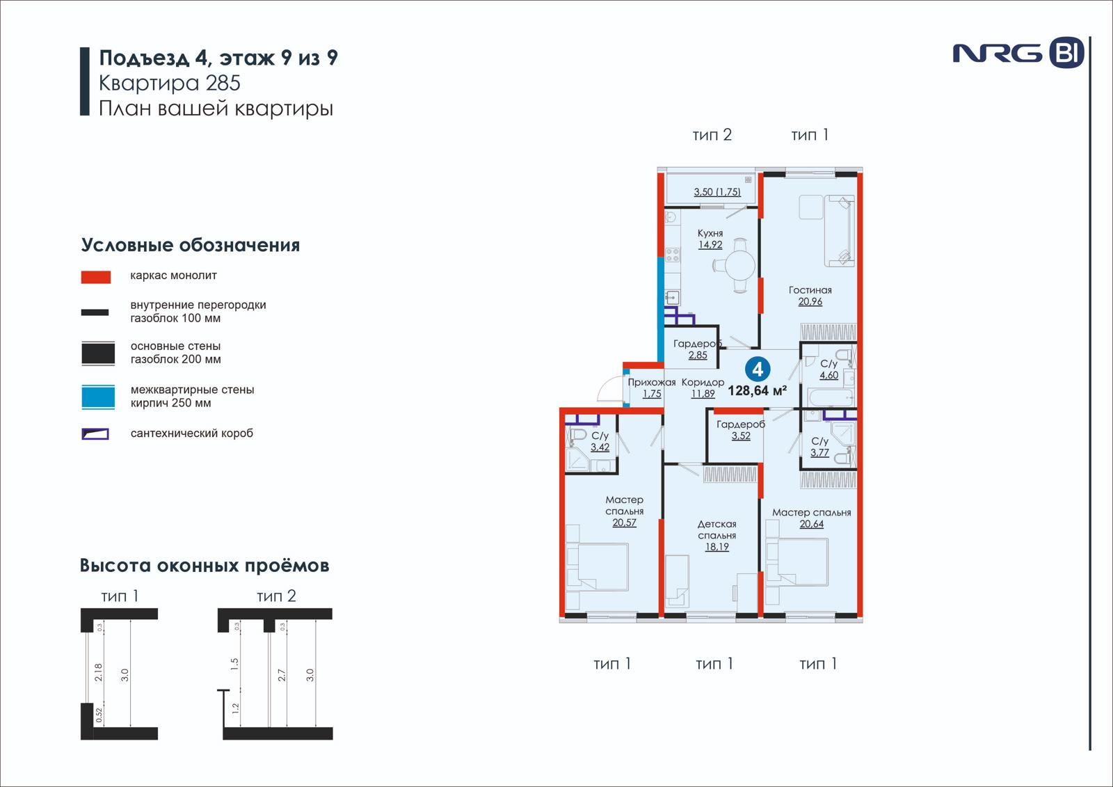 4-комнатная квартира, 128.6 м² — планировка