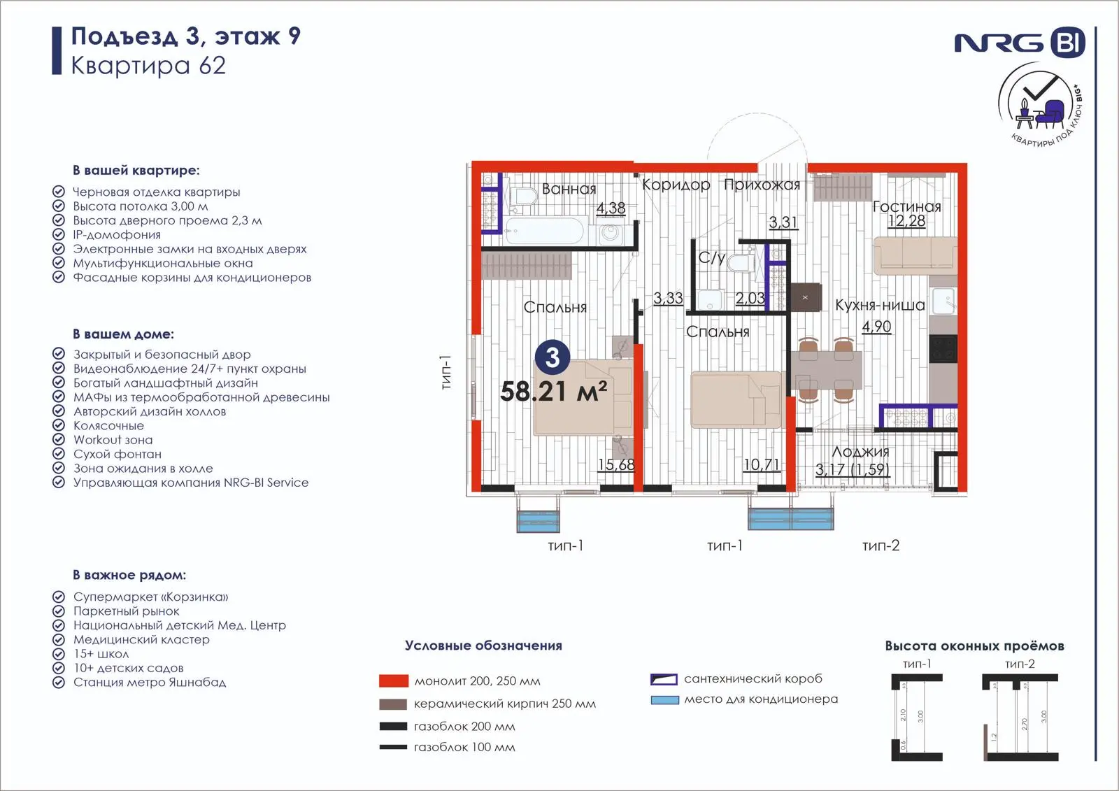 3-комнатная квартира, 58.2 м² — планировка