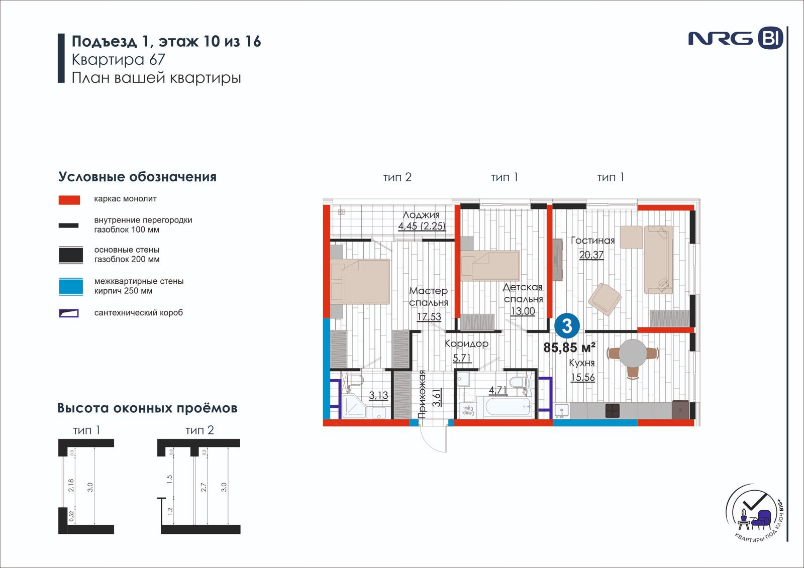 3-комнатная квартира, 85.9 м² — планировка