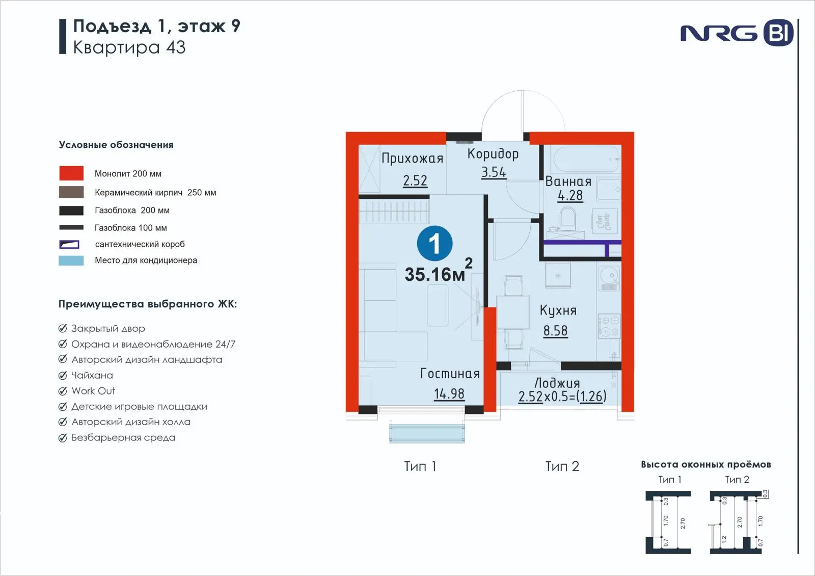 1-комнатная квартира, 35.2 м² — планировка