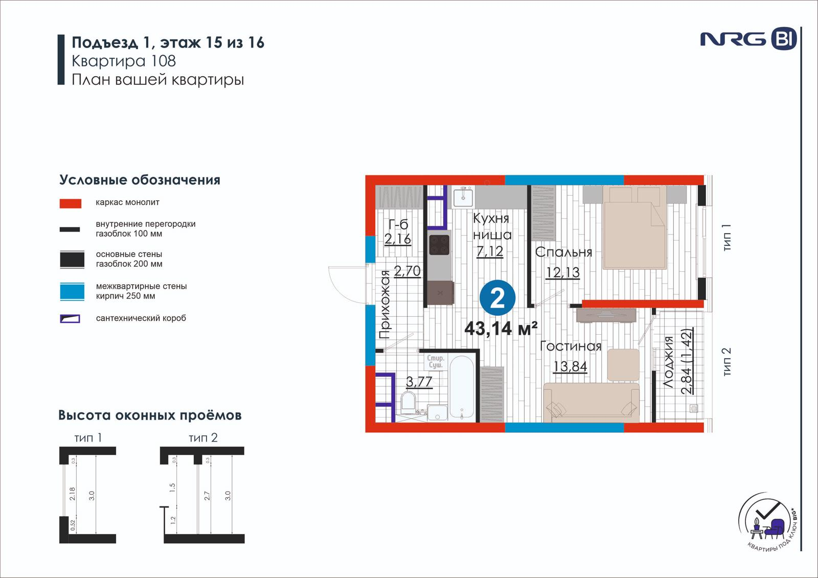 2-комнатная квартира, 43.1 м² — планировка