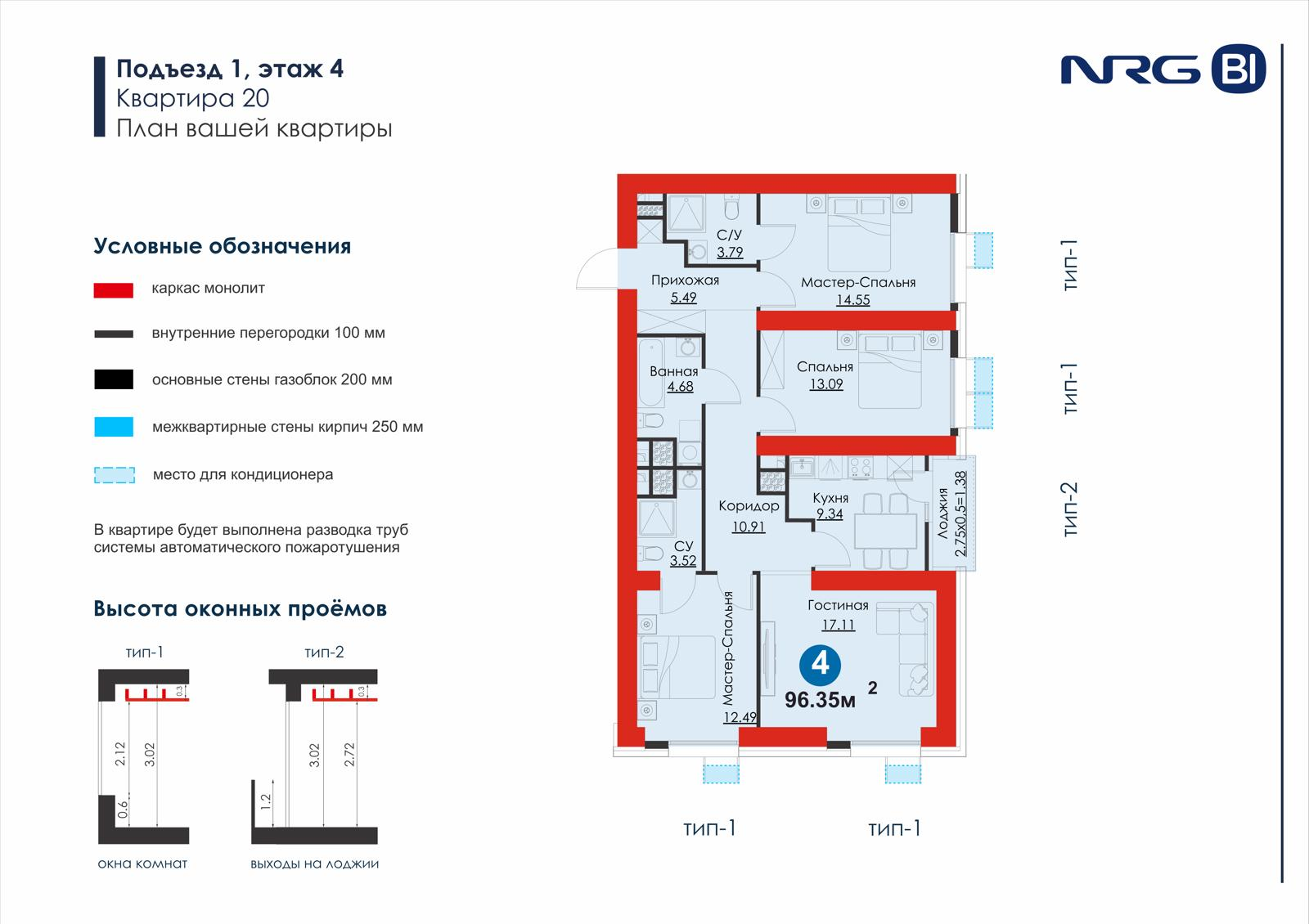 4-комнатная квартира, 96.4 м² — планировка