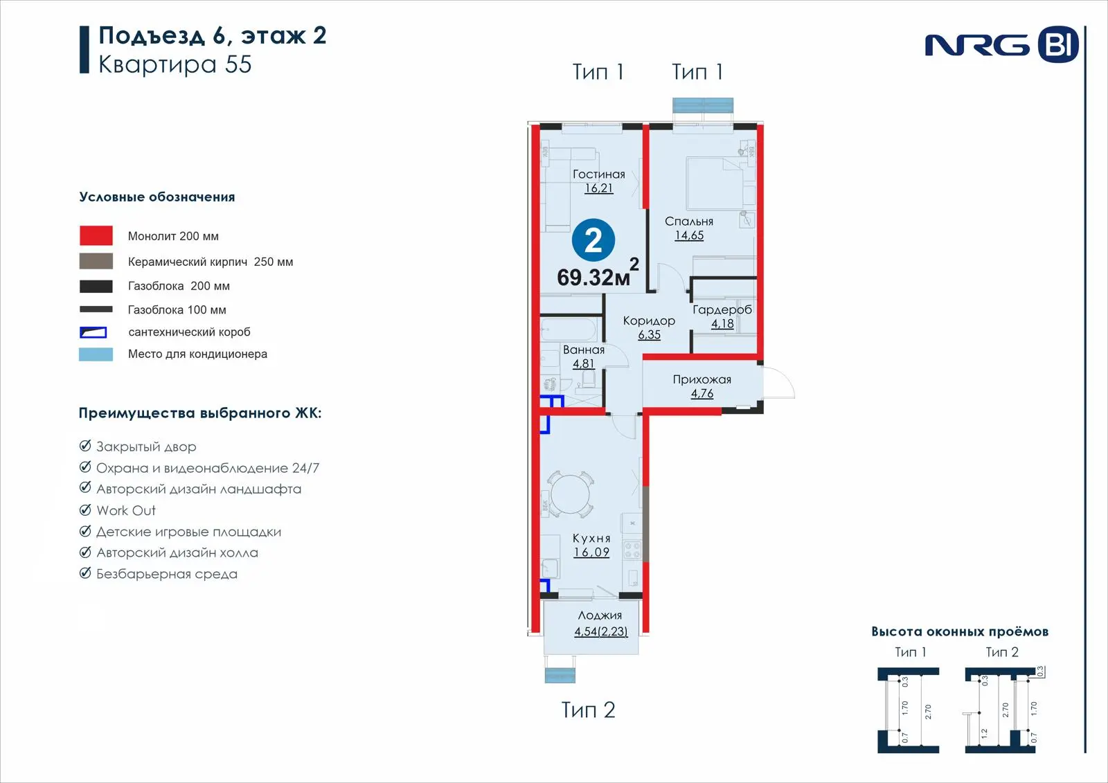2-комнатная квартира, 69.3 м² — планировка
