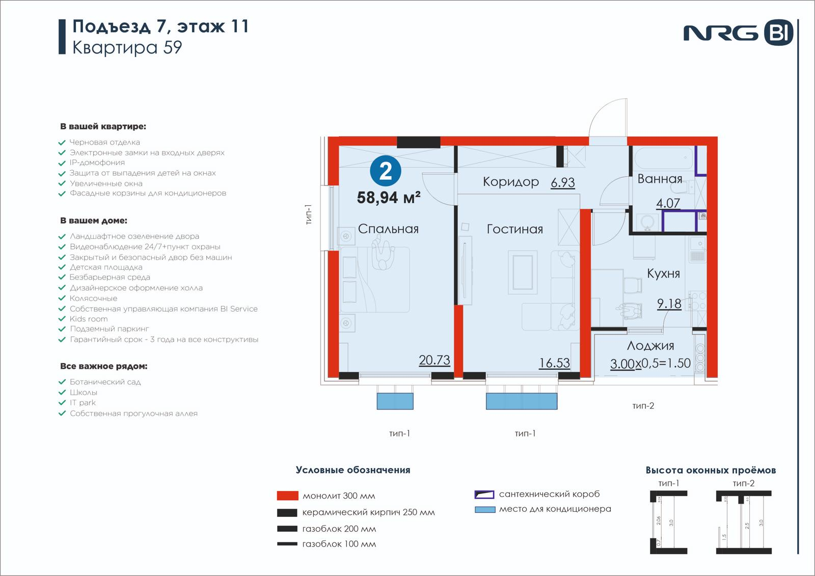 2-комнатная квартира, 58.9 м² — планировка