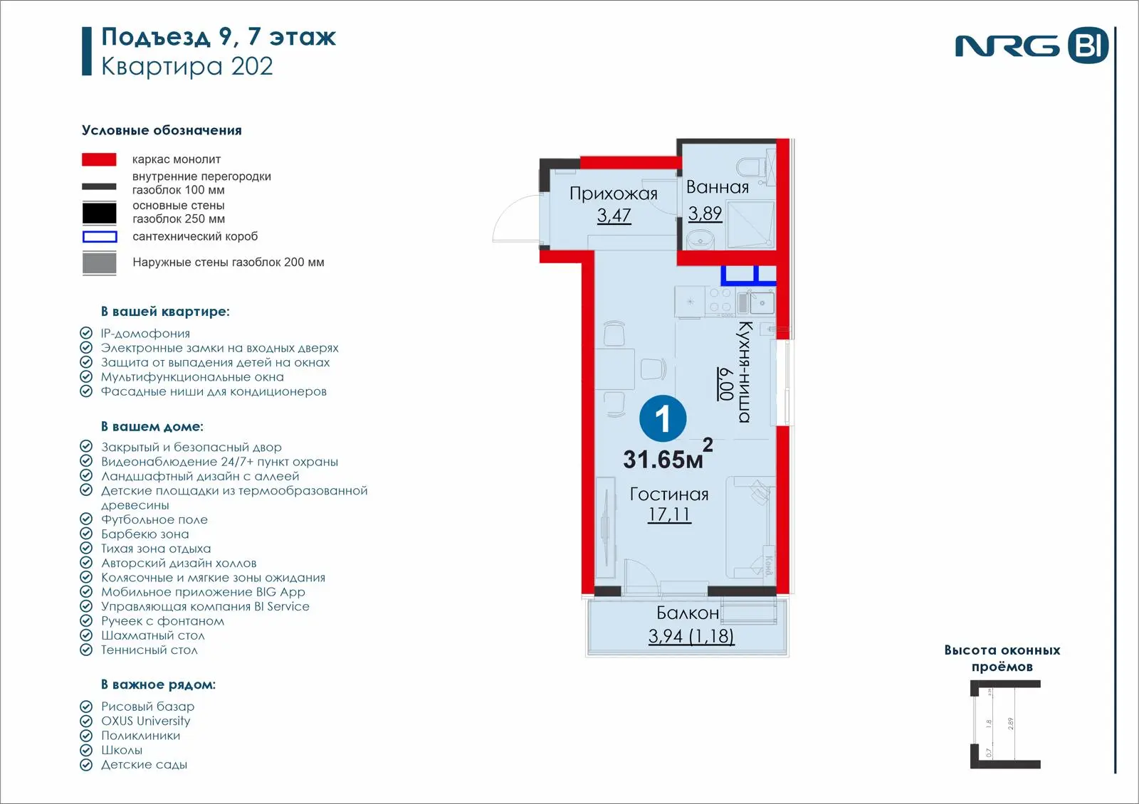 1 xonali kvartira, 31.7 m² — rejasi