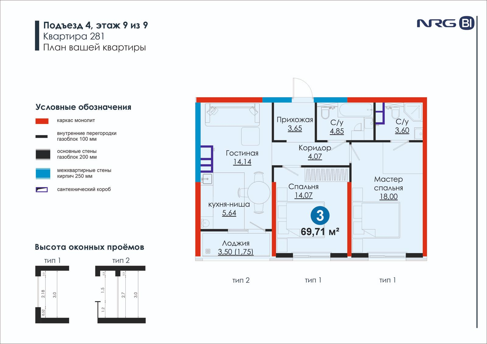 3-комнатная квартира, 69.7 м² — планировка
