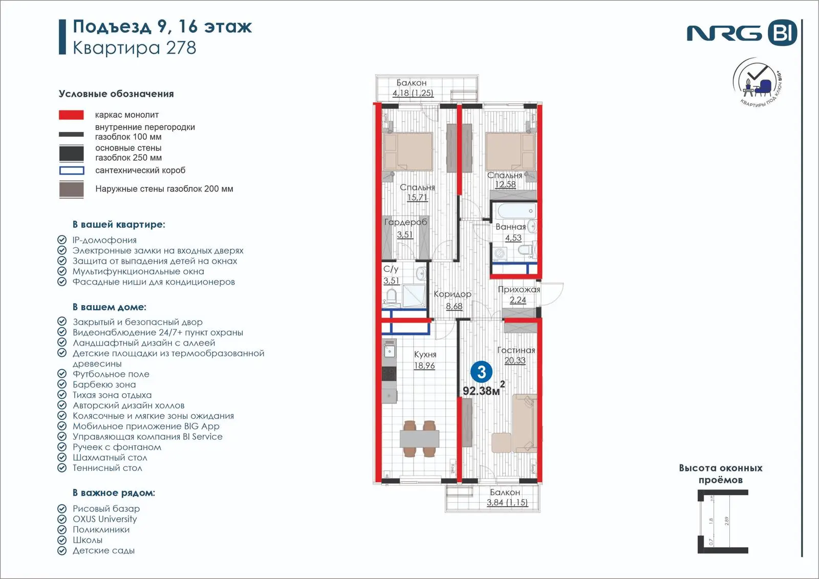 3-комнатная квартира, 92.5 м² — планировка