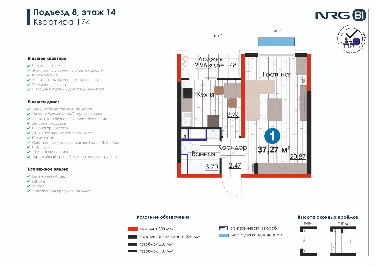 1-комнатная квартира, 37.3 м² — планировка