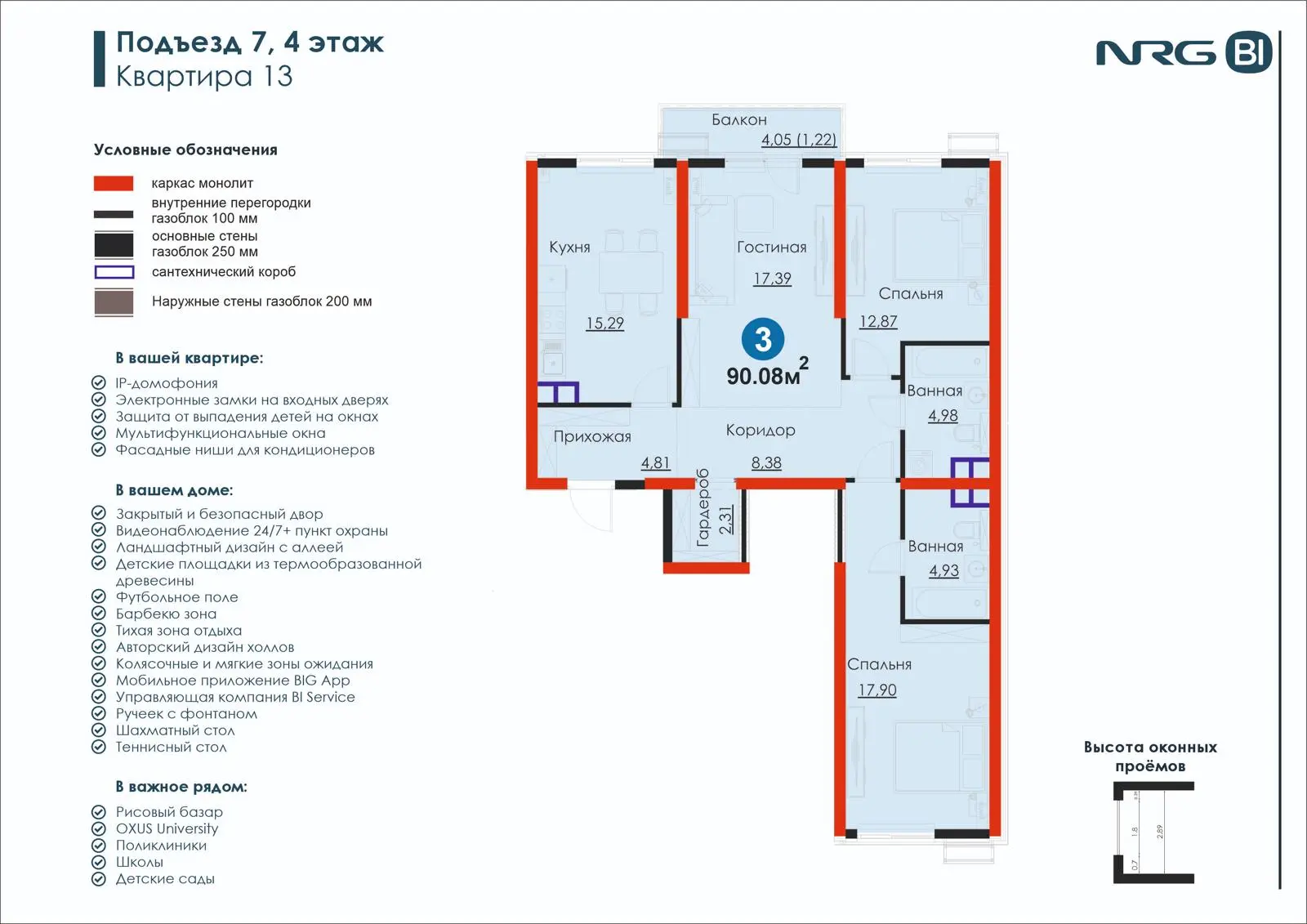 3 xonali kvartira, 90.1 m² — rejasi
