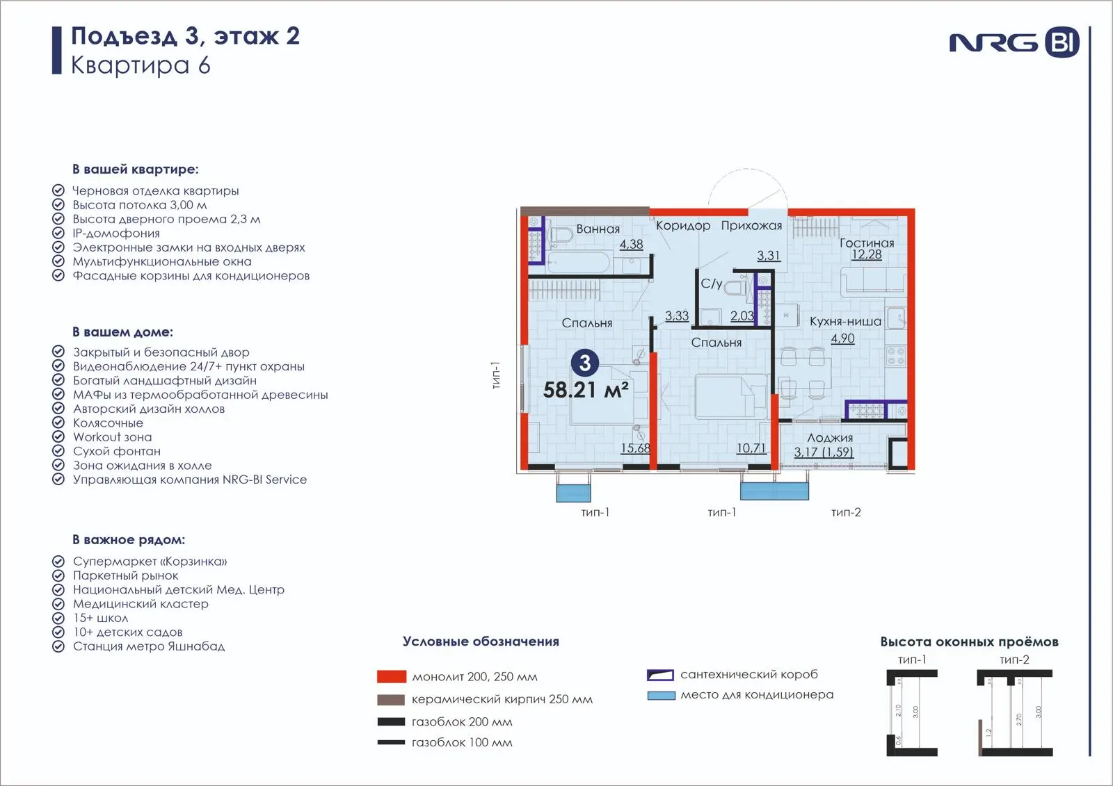 3-комнатная квартира, 58.2 м² — планировка