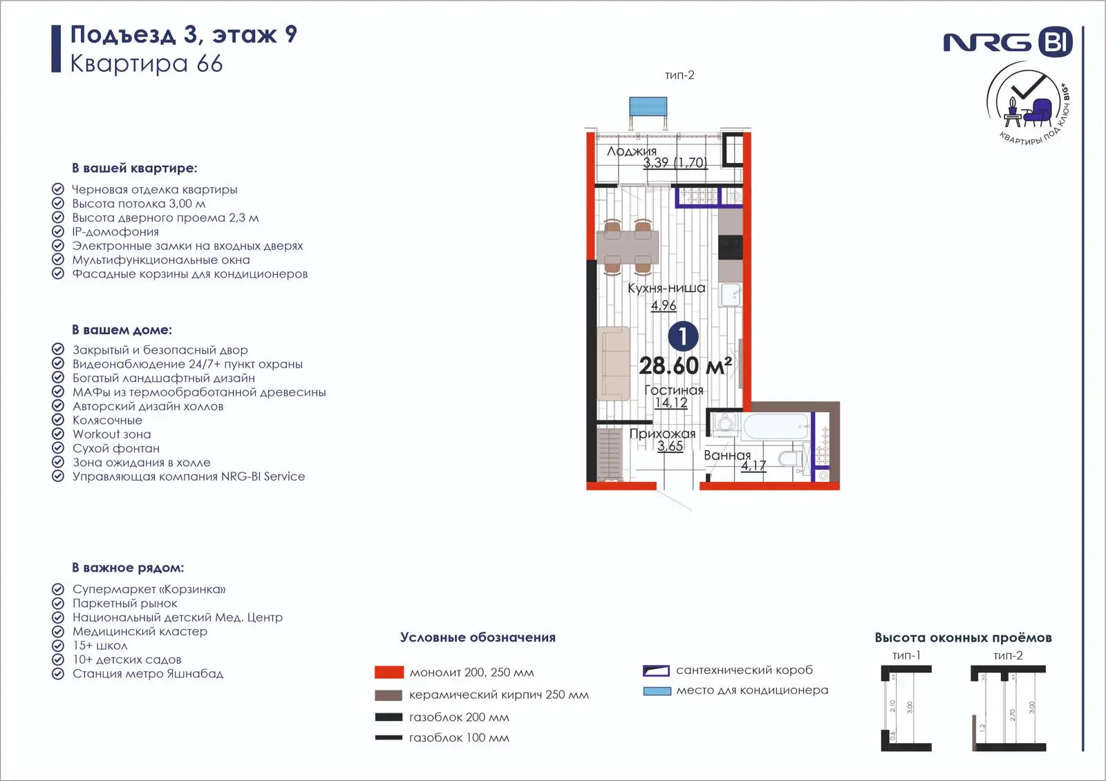 1 xonali kvartira, 28.6 m² — rejasi