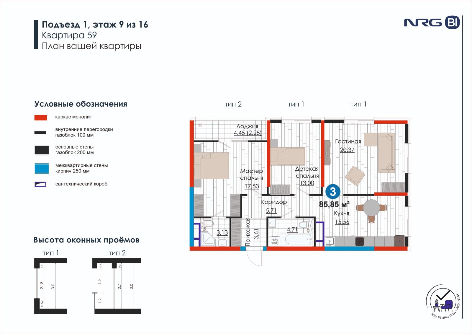 3-комнатная квартира, 85.9 м² — планировка