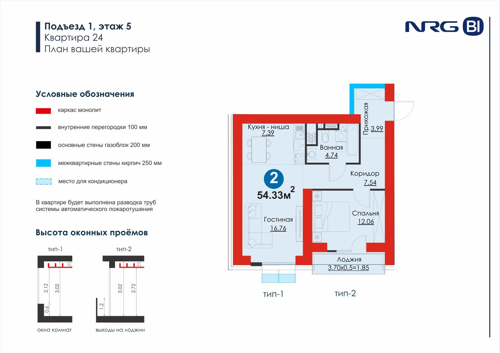 2-комнатная квартира, 54.3 м² — планировка