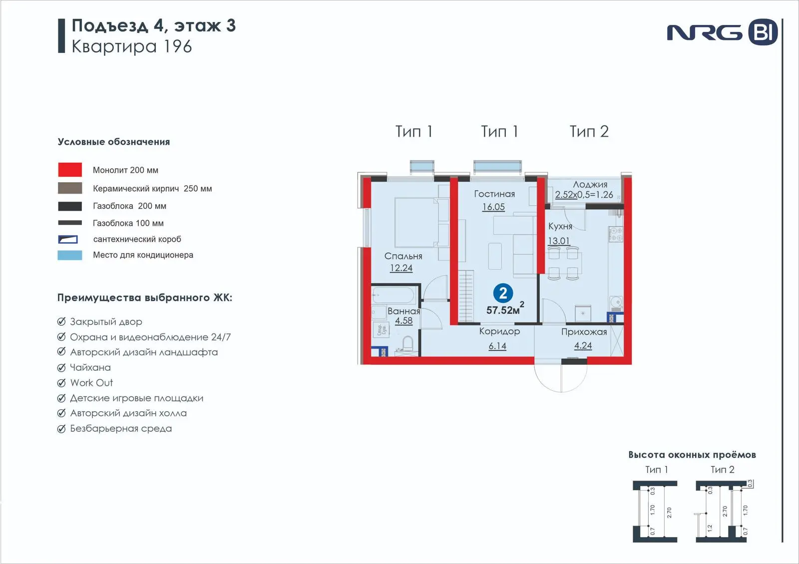 2-комнатная квартира, 57.5 м² — планировка
