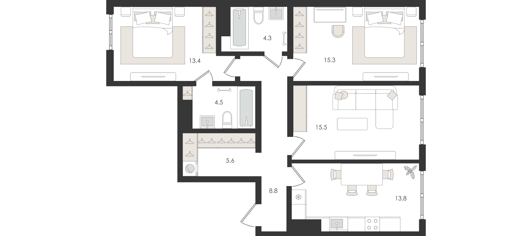 3 xonali kvartira, 81.2 m² — rejasi