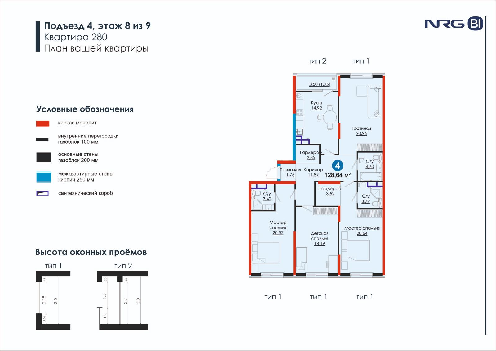 4-комнатная квартира, 128.6 м² — планировка