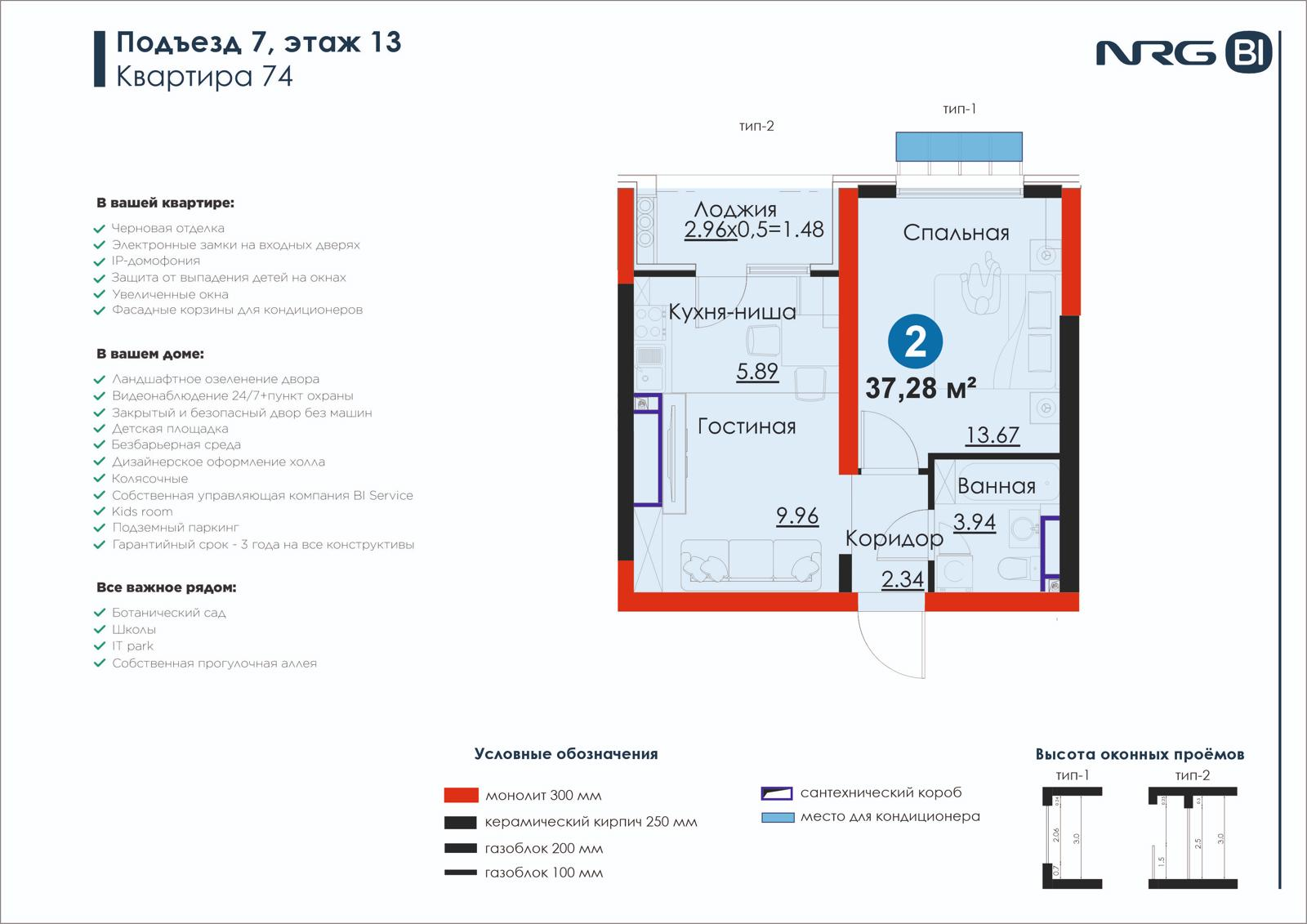 2-комнатная квартира, 37.3 м² — планировка