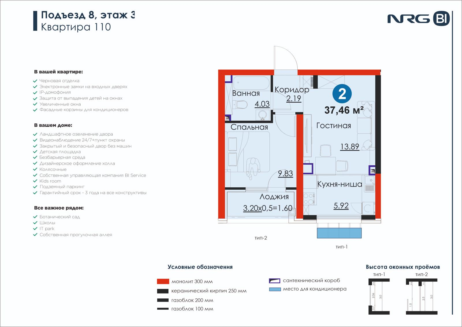 2-комнатная квартира, 37.5 м² — планировка