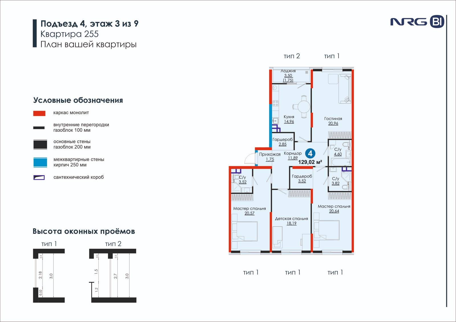 4-комнатная квартира, 129 м² — планировка