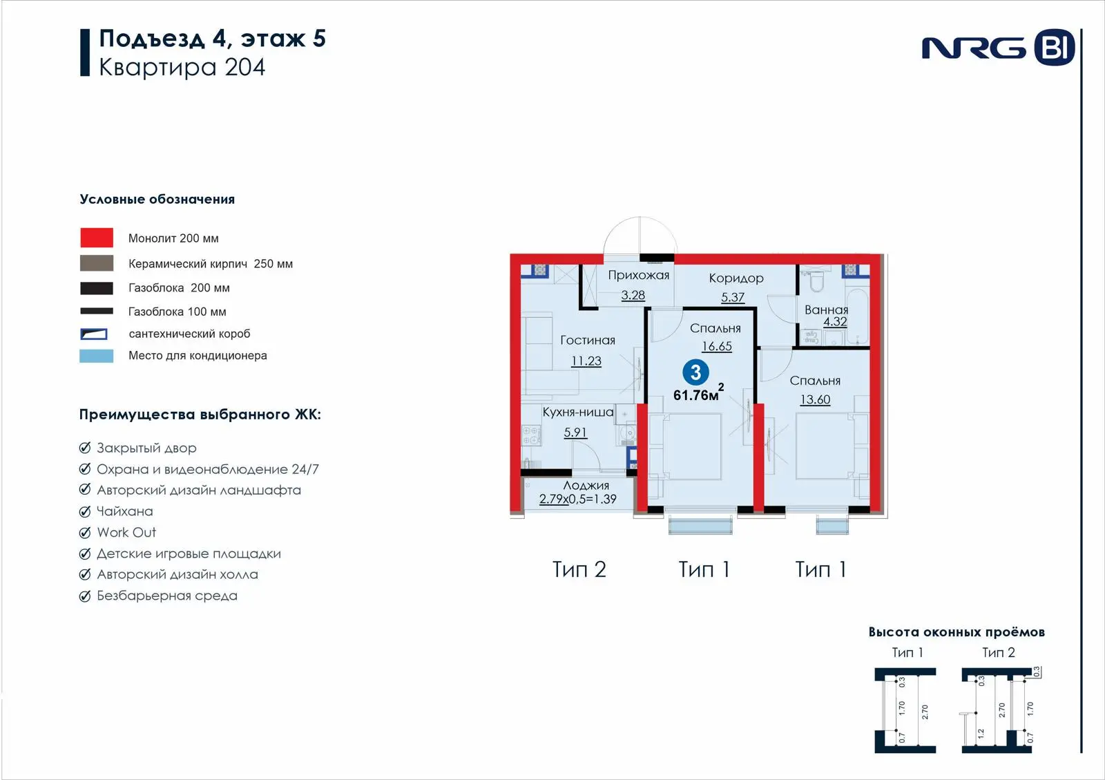 3-комнатная квартира, 61.8 м² — планировка