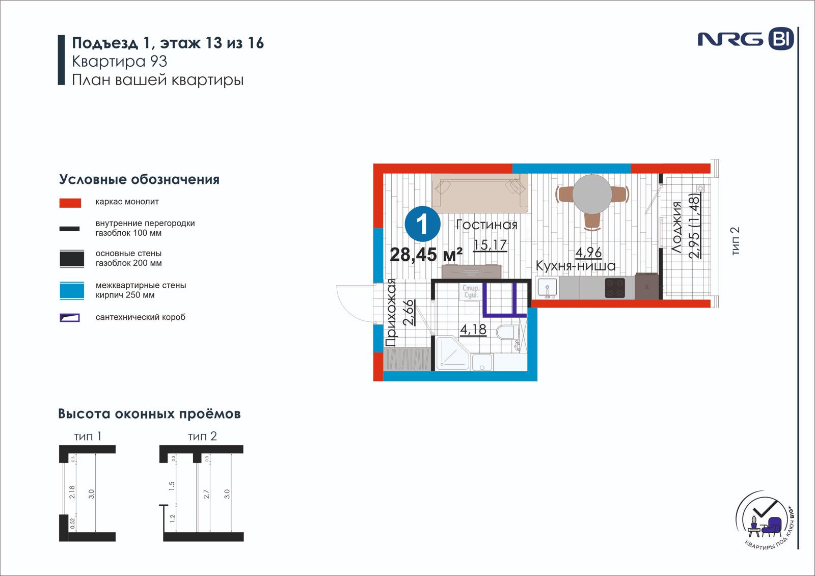 1-комнатная квартира, 28.5 м² — планировка