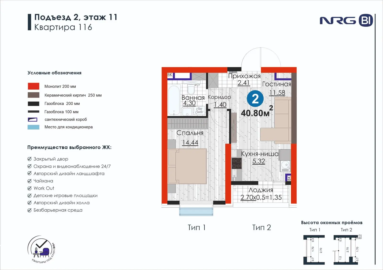 2-комнатная квартира, 40.8 м² — планировка