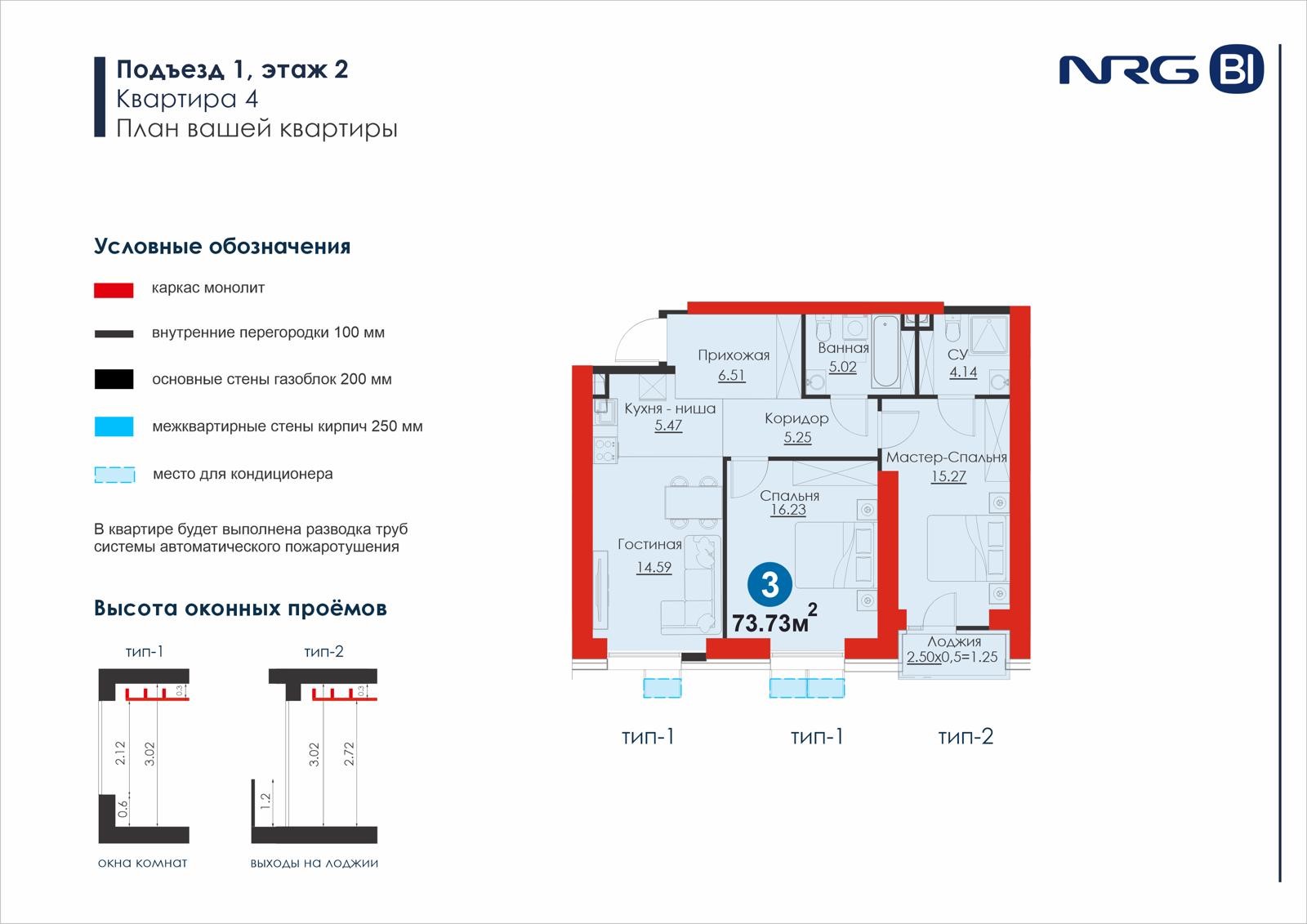 3-комнатная квартира, 73.7 м² — планировка