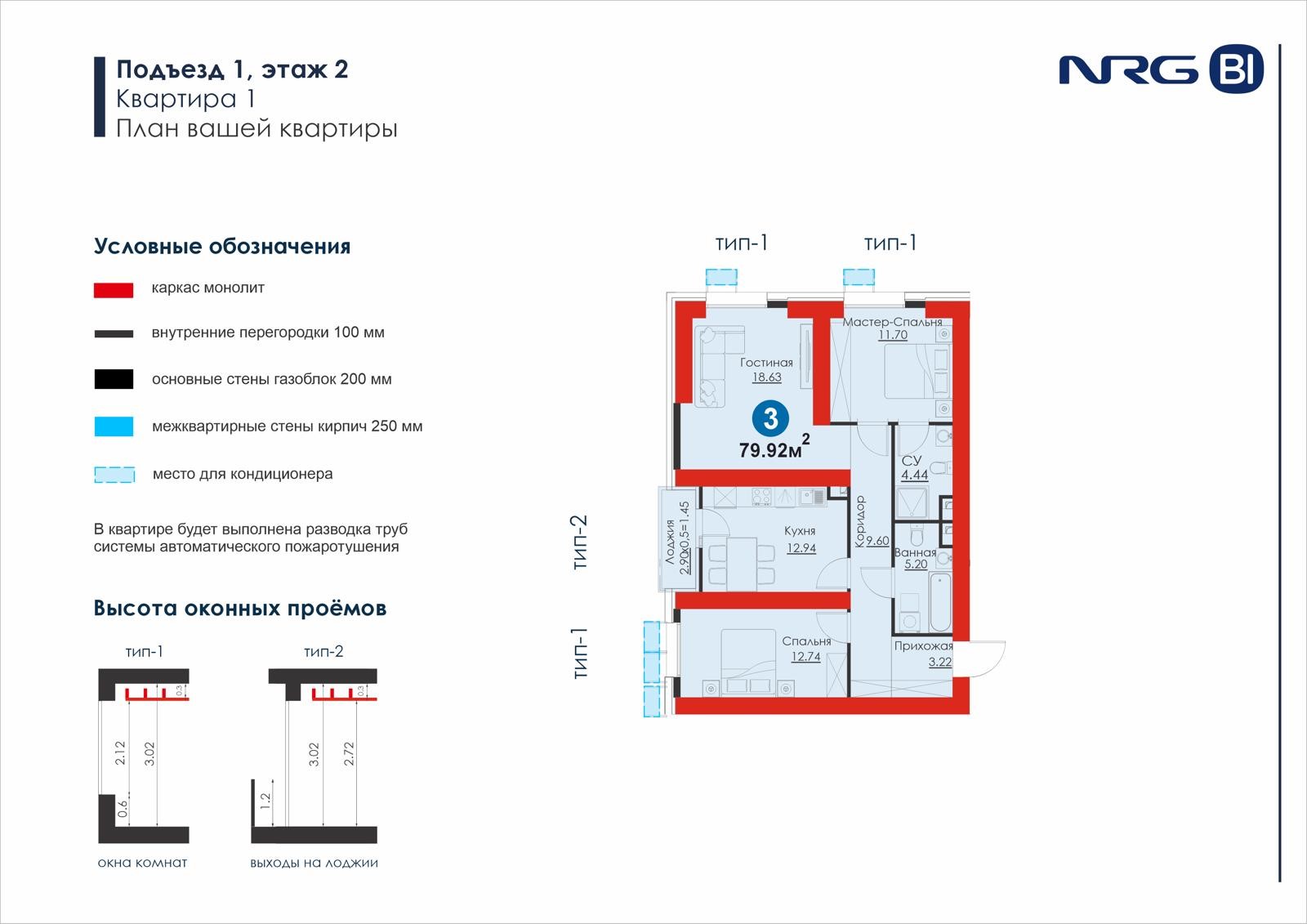 3-комнатная квартира, 79.9 м² — планировка