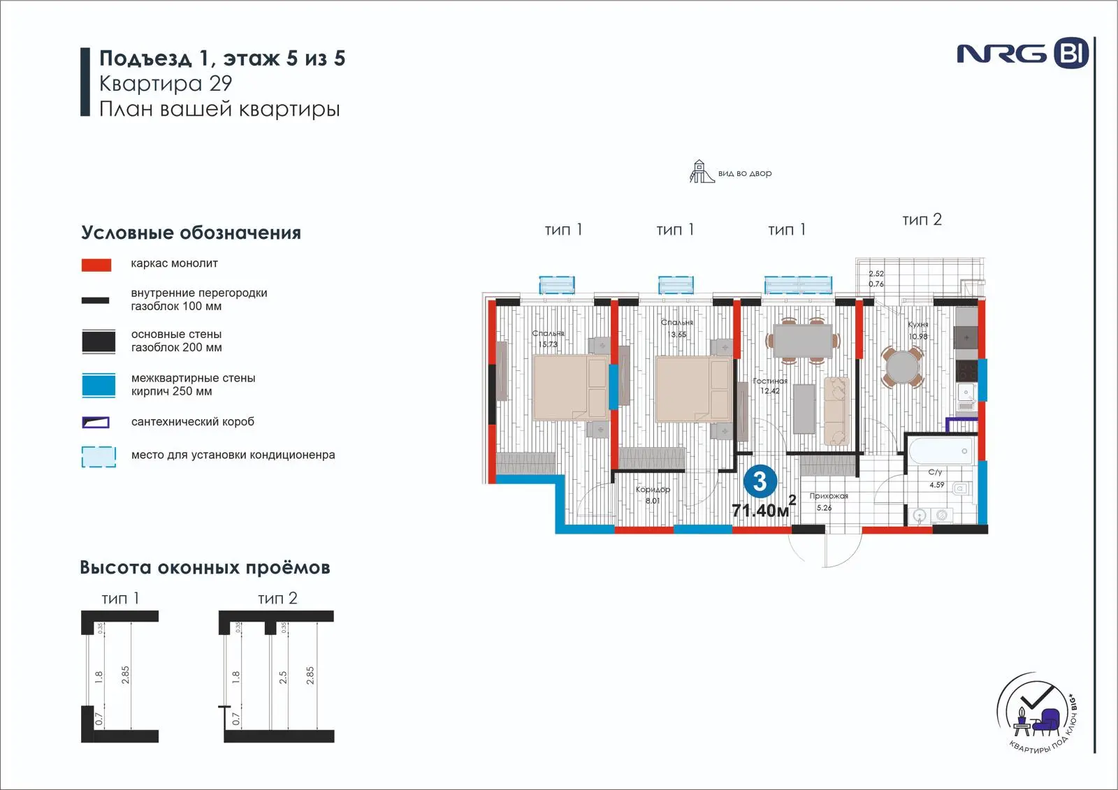 3-комнатная квартира, 71.4 м² — планировка
