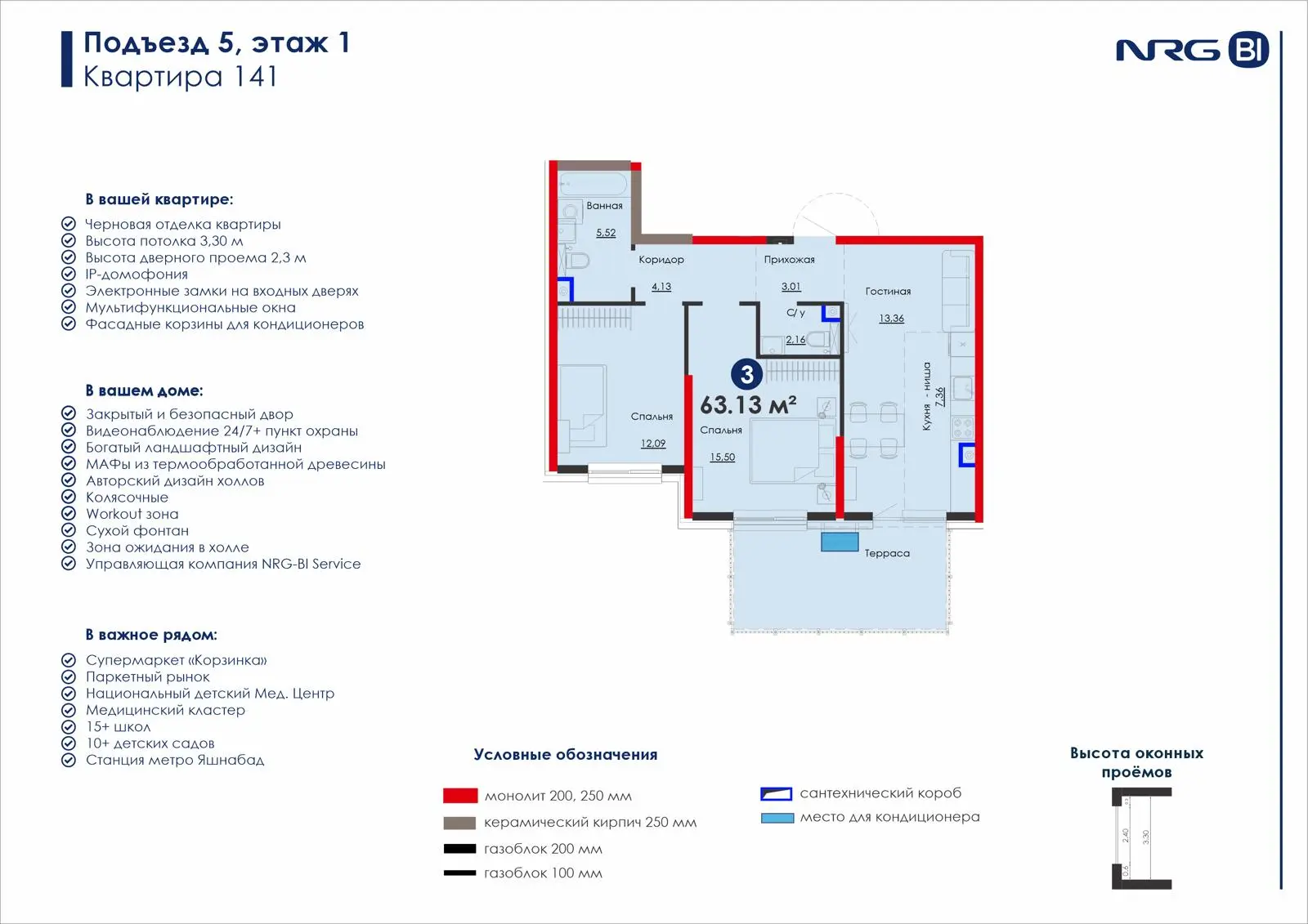 3-комнатная квартира, 63.1 м² — планировка