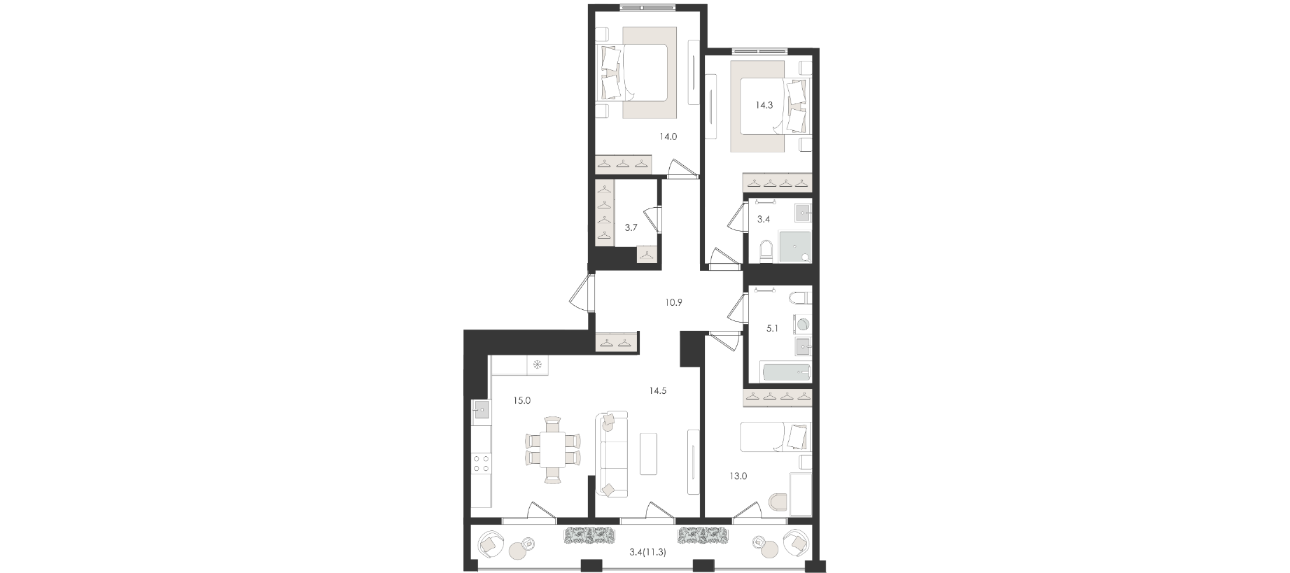4-комнатная квартира, 97.3 м² — планировка