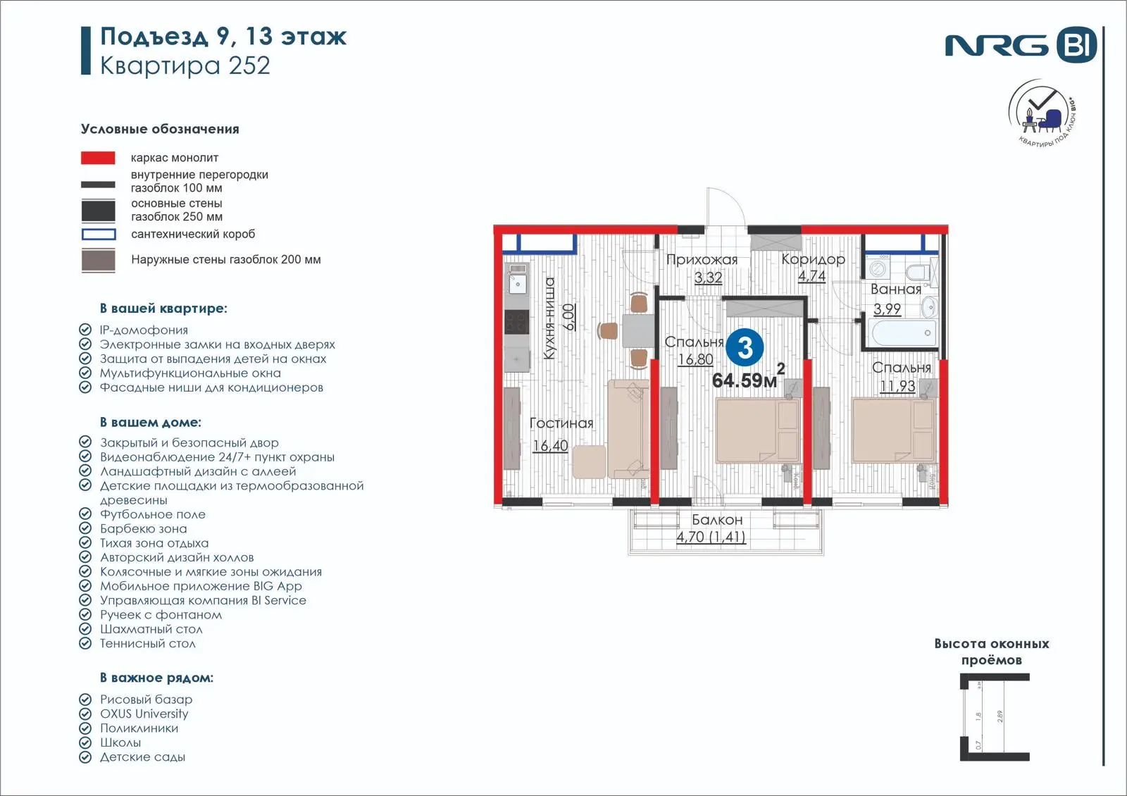 3 xonali kvartira, 64.6 m² — rejasi