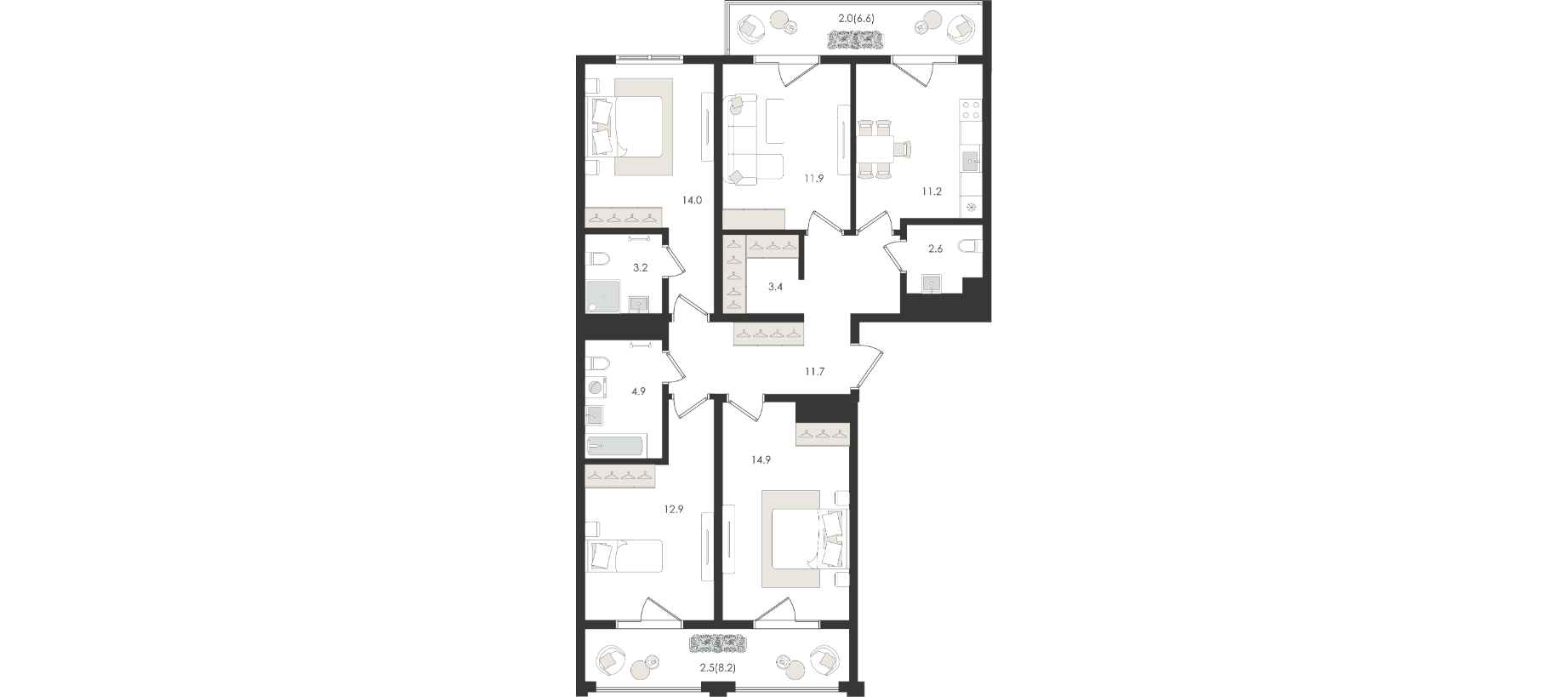 4-комнатная квартира, 95.2 м² — планировка