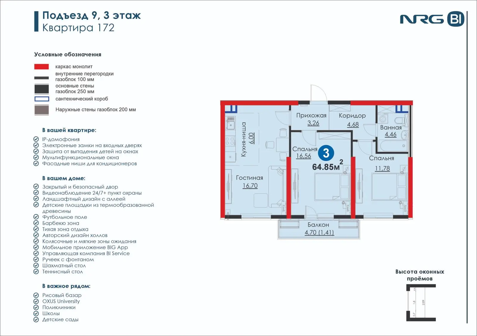 3-комнатная квартира, 64.9 м² — планировка